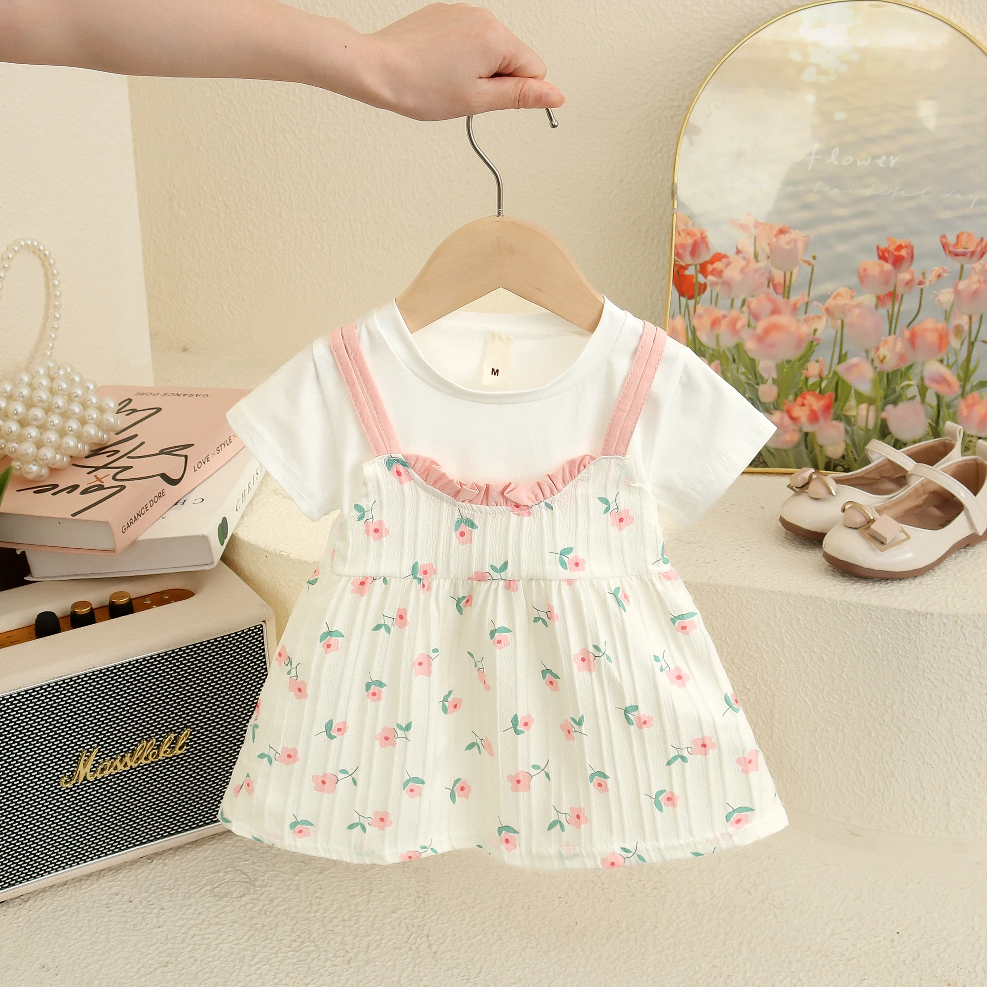 

Baby Girl Dress Summer New Short Sleeved Sweet Baby Clothes Flower Print Dresses For Girls Imitation Two Pieces