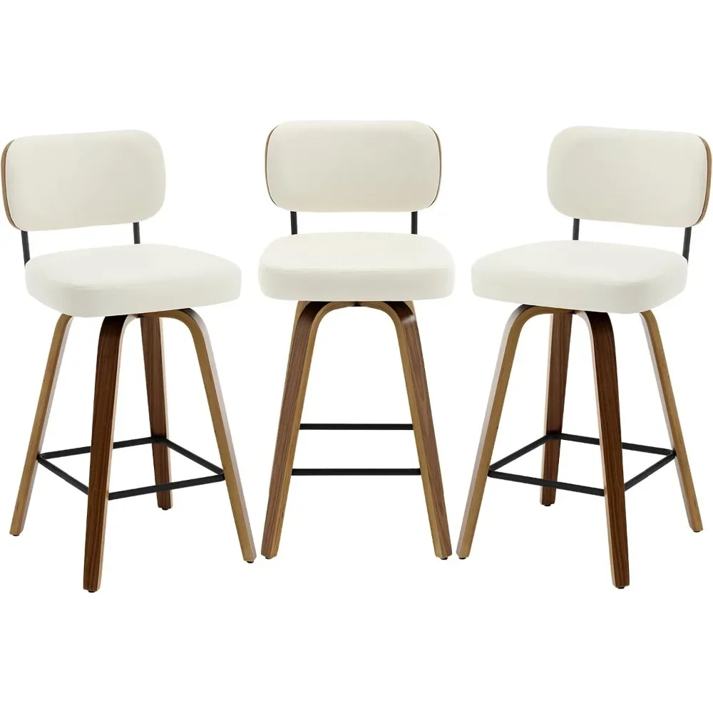 Swivel Counter Height Bar Stools Set of 3,26" Upholstered Faux Leather Barstools with Back and Bent Wood Legs Mid Century Modern