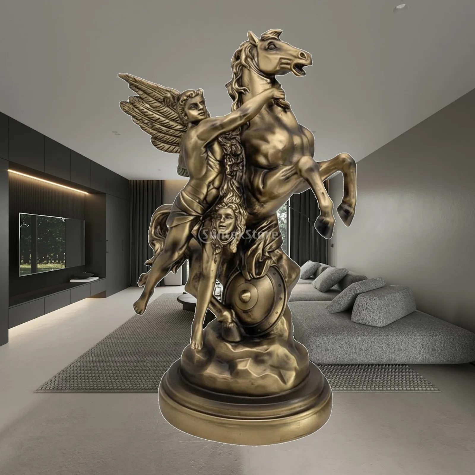 Bronze Finish Resin Angel Horse Figurine Dramatic Mythical Sculpture Light Luxury Home Decor Vintage Style Tabletop Statue for