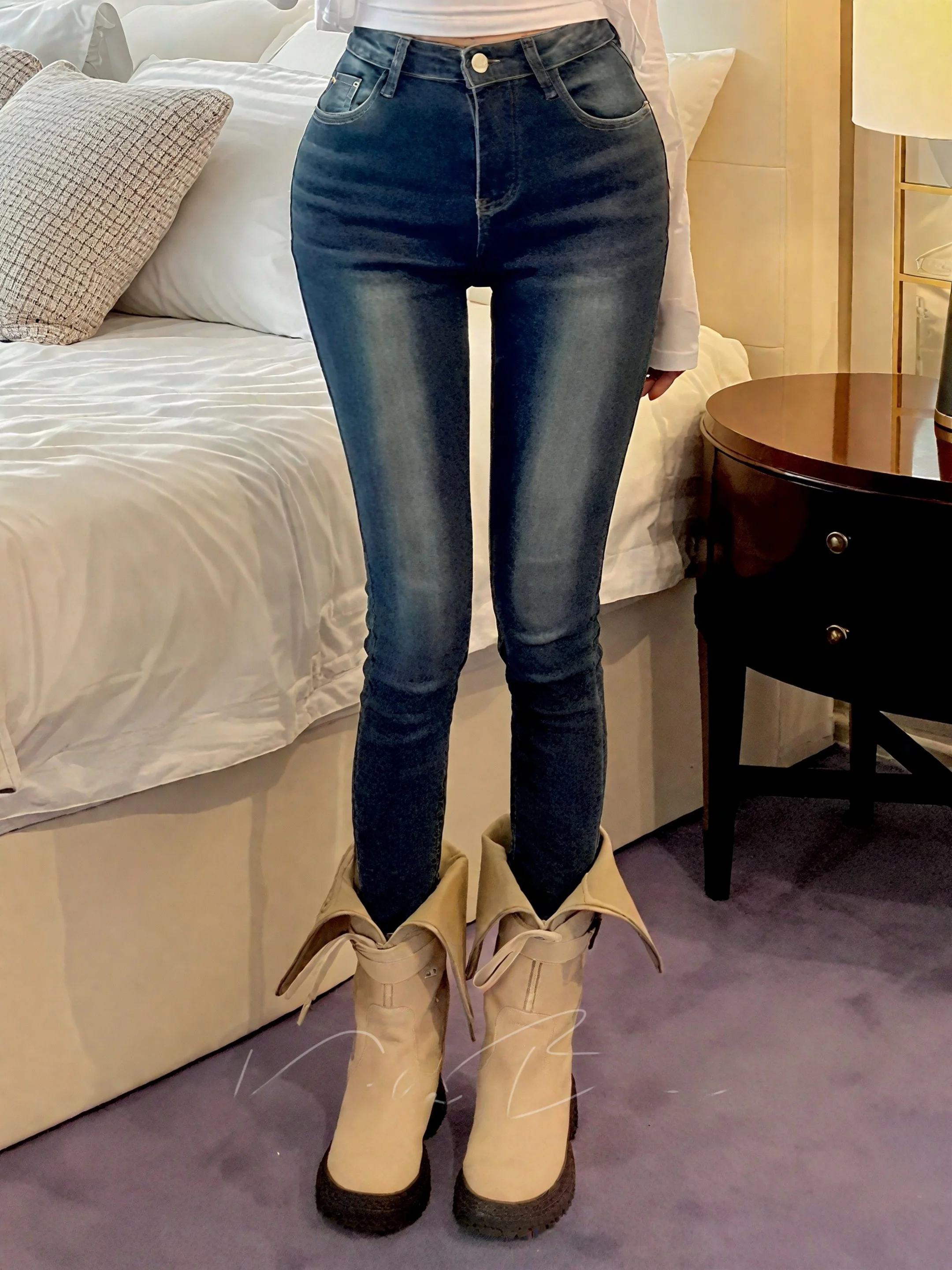 

Slim Fit High Waist Cotton Stretch Denim Jeans Women's Faionable keted Nine-Piece Long Legging Korean Sle