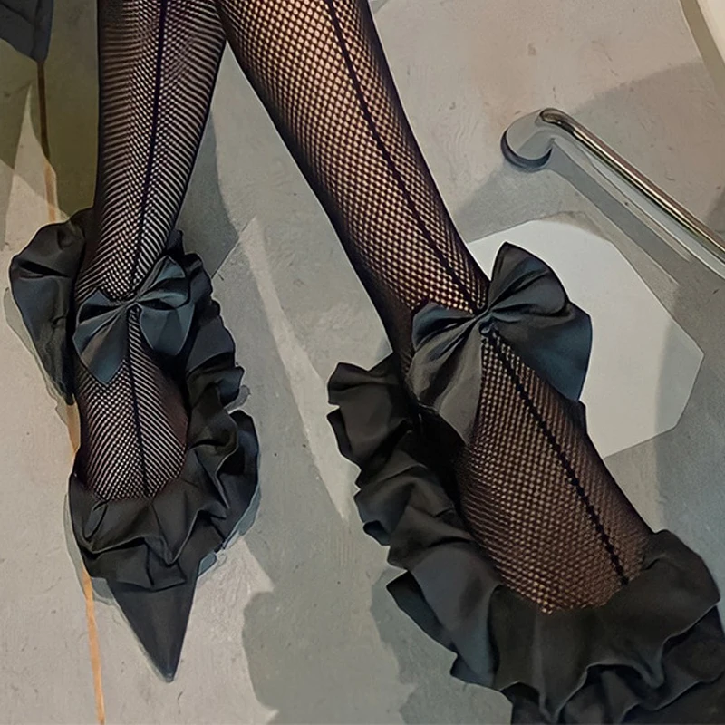 Black Pointed Toe Ruffle Bow Flats Women Summer 2026 Closed Toe Slip On Ballet Shoes Casual & Party Footwear Women's Pumps