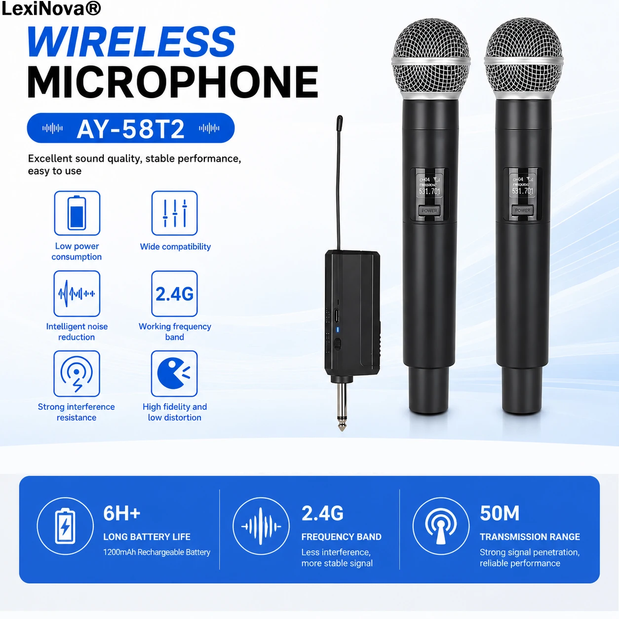 AY-58T2 Wireless Microphone 2.4G Rechargeable Handheld Dynamic Mic With Receiver Long Battery Life For Karaoke Speech Wedding