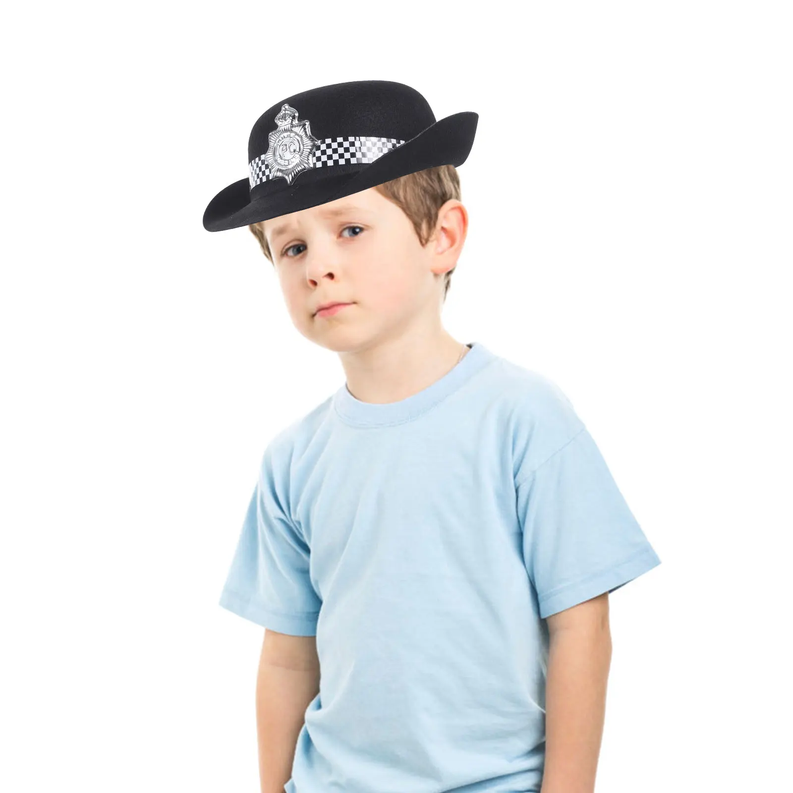 

Superintendent Police Hat Felt Cloth Black for Kids Reusable Washable Adjustable Cap Costume Halloween Party Supplies