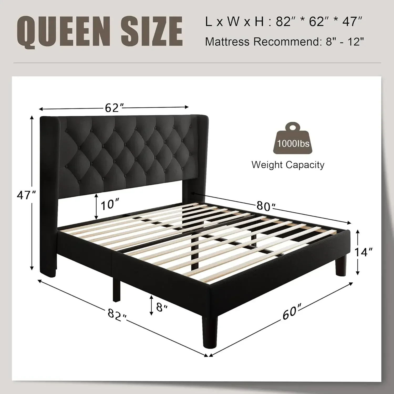 Queen Size Wingback Headboard Platform Bed Frame Fabric Upholstered 12 Inch Clearance
