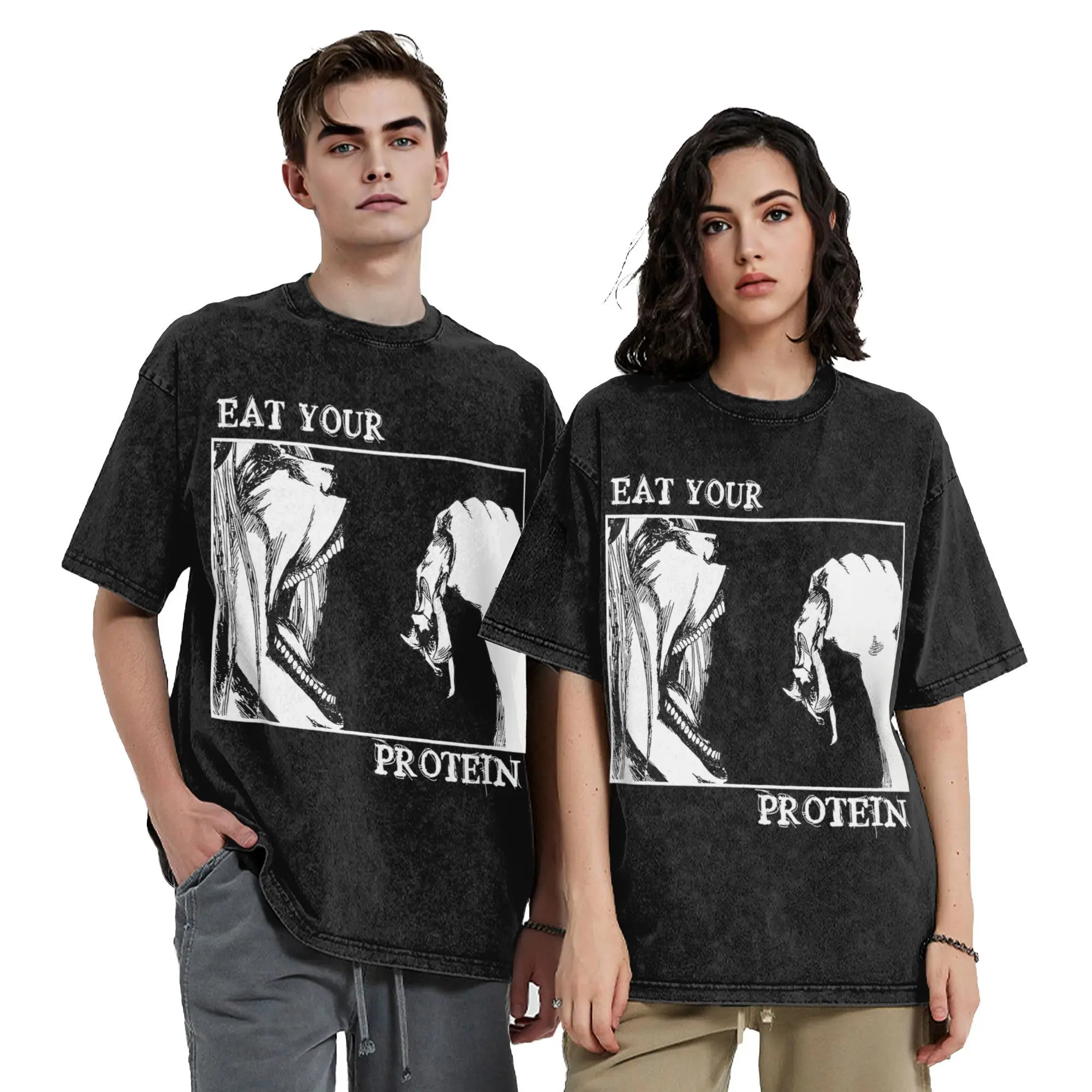 Washed T Shirts Eat Your Protein Aot Eren Yeager Attack on Titan Hip Hop Cool T-Shirts Street Streetwear Tee Shirt Men Women