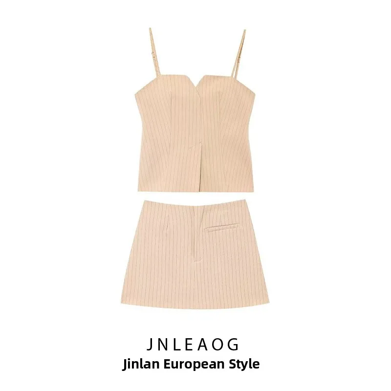 JNLEAOG 봄 신상 여성 패션 슬림 스트라이프 미디 스커트 팬츠 유럽 스타일 중간 허리 투피스 세트 성인용