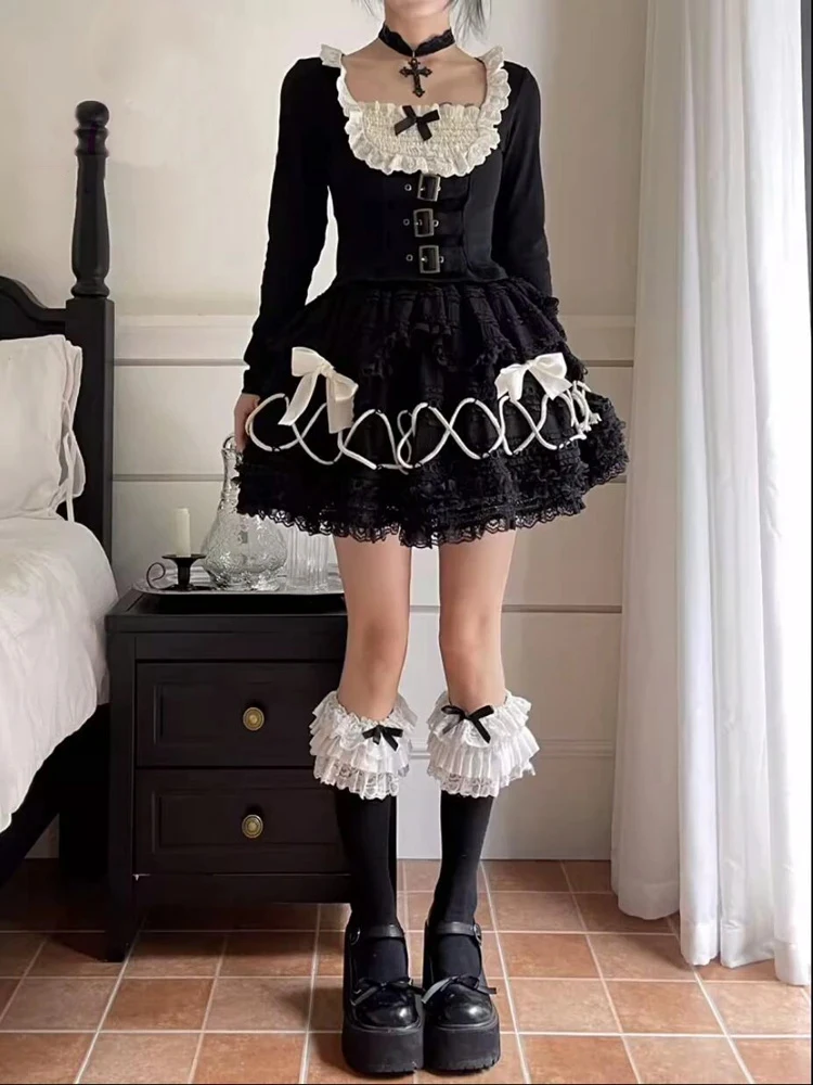 Gothic Lolita Cross Bow Lace Cake Skirt Harajuku Y2k Vintage Women Japanese Fairy Grunge Pleated Ball Gown Kawaii Mini Skirts