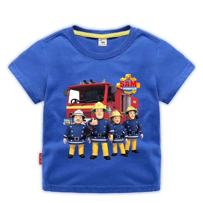 Children Cartoon Fireman Sam Print Cotton T-shirts for Boy Shirt Girl Short Sleeve Tee Top Clothes Kids Clothing Unisex 2-10Year