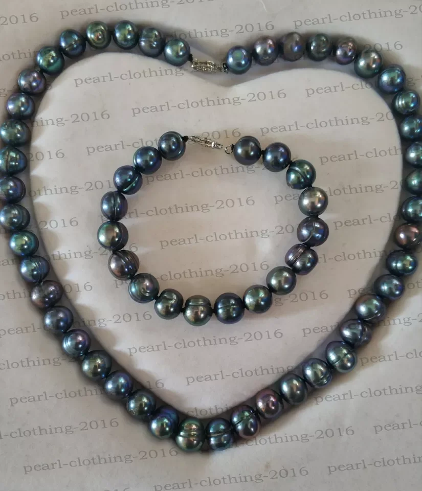 

Beautiful South Sea Natural AAA10-11mm Baroque Black Pearl Necklace 18inch+Bracelet 7.5-8inch 14K White Gold