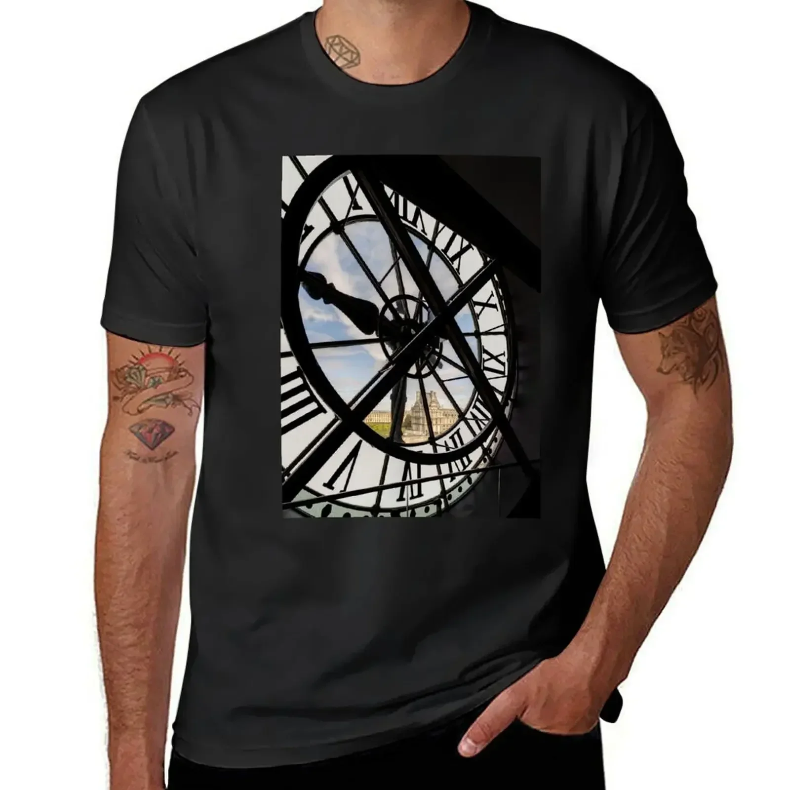 Louvre from Orsay Clock Paris T-Shirt vintage hippie clothes mens graphic t-shirts pack heavyweight fashion Round Neck Informal