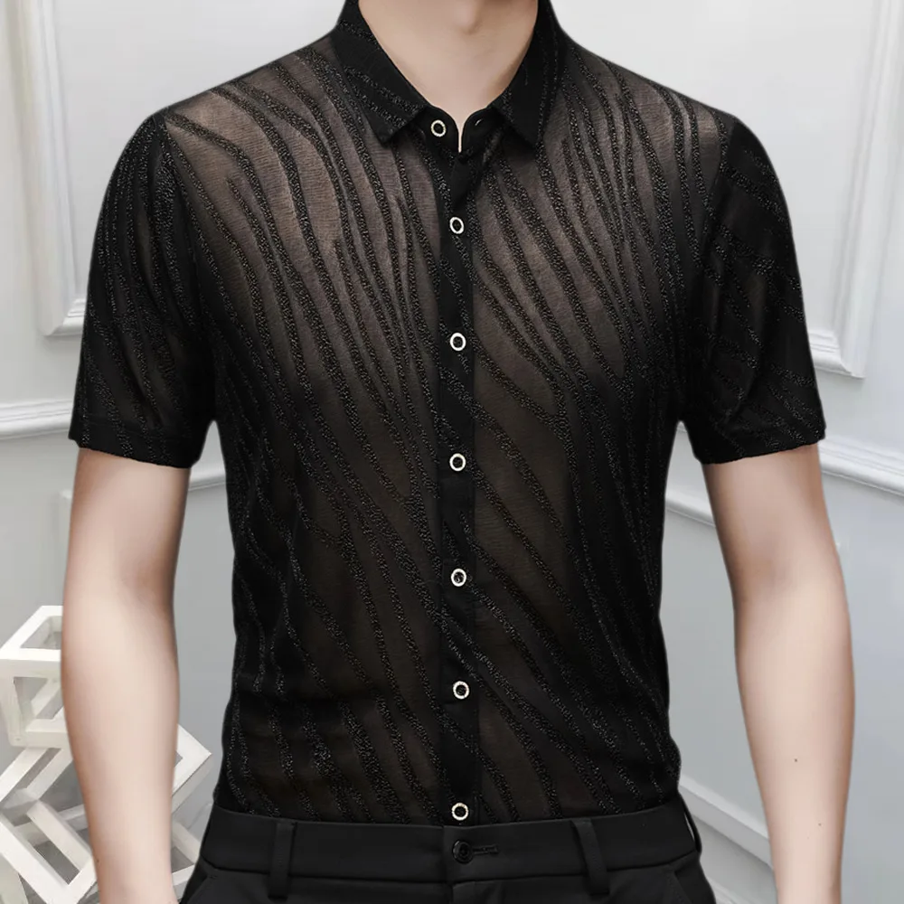 Embroidery Men Transparent Shirt See Through Mesh Shirt Striped Jacquard Sexy Lace Shirt For Male Club Party Prom Chemise Homme