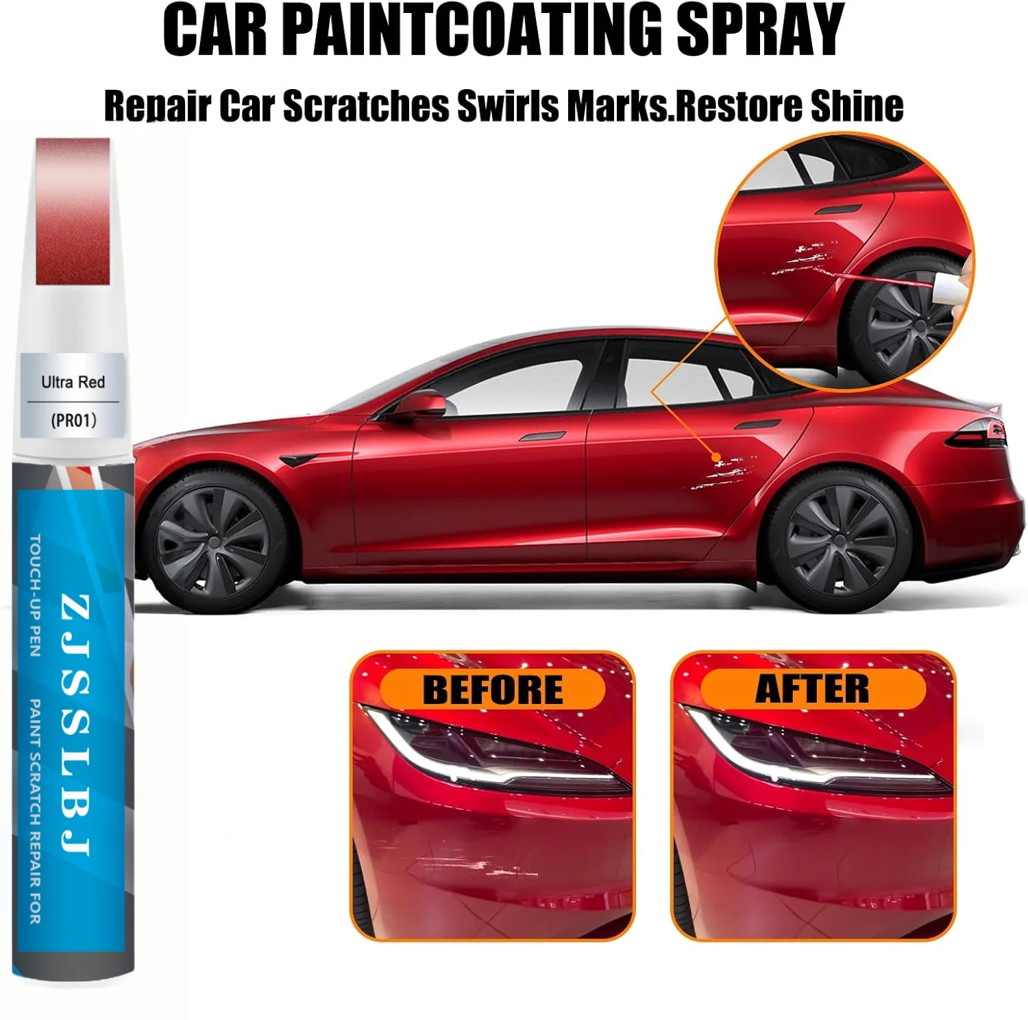Car Touch Up Paint(Ultra Red(PR01)) for Tesla Model Y/3/S/X, 2 in 1 DIY Car Paint Scratch Repair Kit with Pen Tip & Brush, Scrat