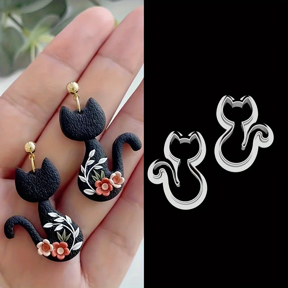 2Pcs Elegant Cat & Flower Clay Cutters  Kitten Polymer Clay Molds for Summer/Graduation Earrings, Soft Pottery Tools