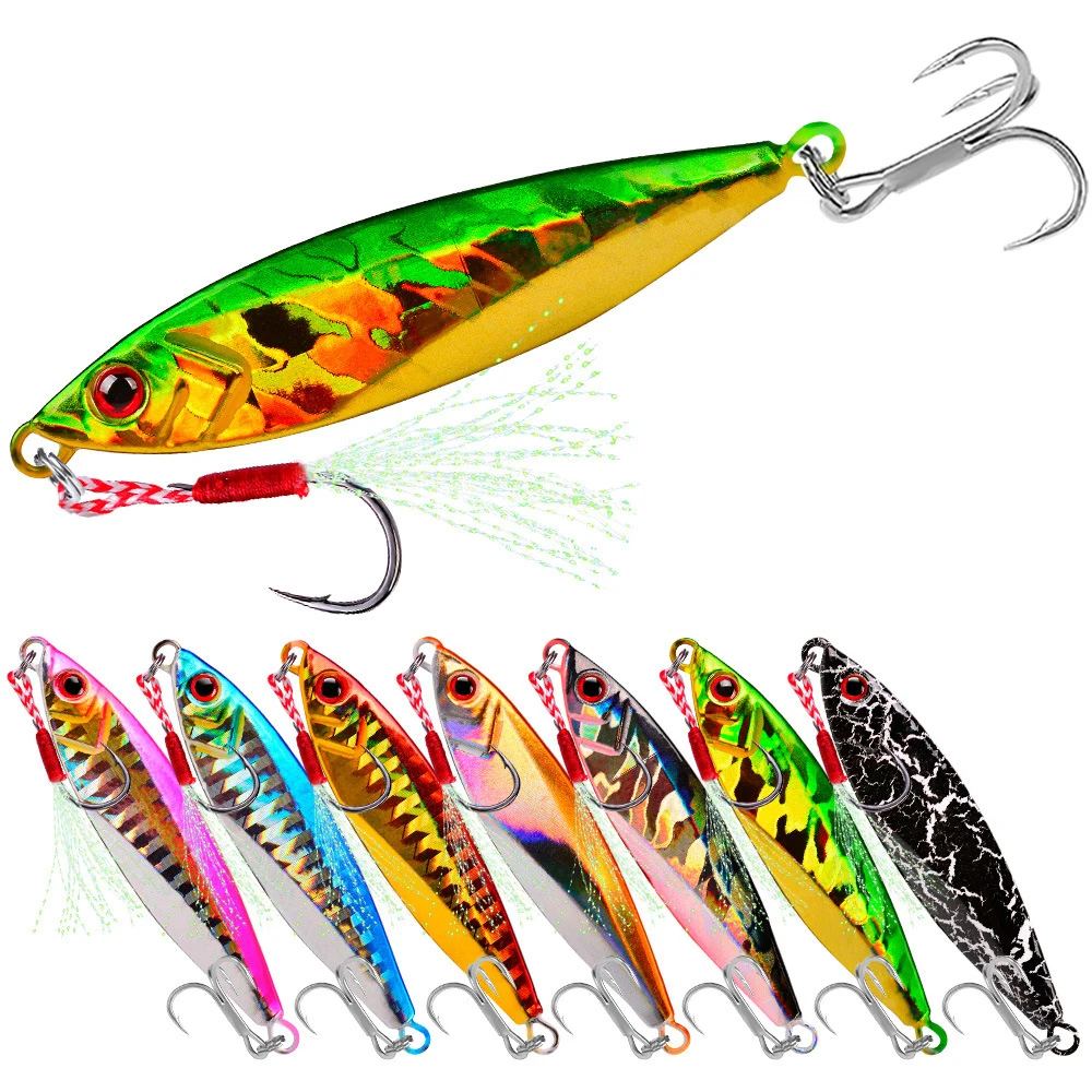

1pcs Metal Fishing Bait 14g 21g 30g Sinking Sea Bass Lead Jig Fish Lure 7 Color Artificial Lifelike Jigging Lure Bass Hook LF117