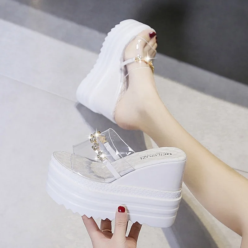 White Slipper Women\'s 2022 Summer Fashion Platform Sequined Slippers Slope Heels Woman Shoes Rhinestone Transparent Wedges Slide