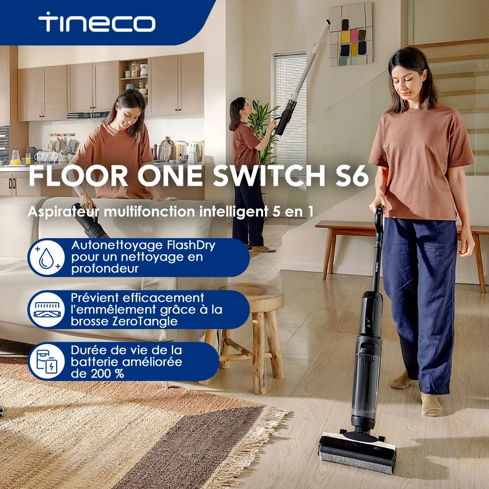 Tineco Floor One Switch S6 Nettoyeur de Sol, Aspirateur Eau et Poussière sans Fil 5-en-1, Séchage Flash en 5 Min, Auto-Nettoyage, Brosse ZeroTangle, Nettoyage Angles des 2 côtés