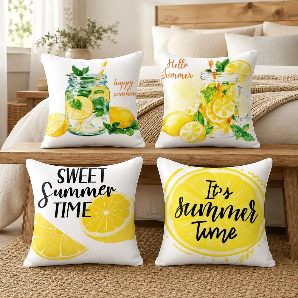 Watercolor Summer Lemon Cushion Cover Silky Short Plush Invisible Zipper Dustproof Sofa Pillow Case For Home Decor