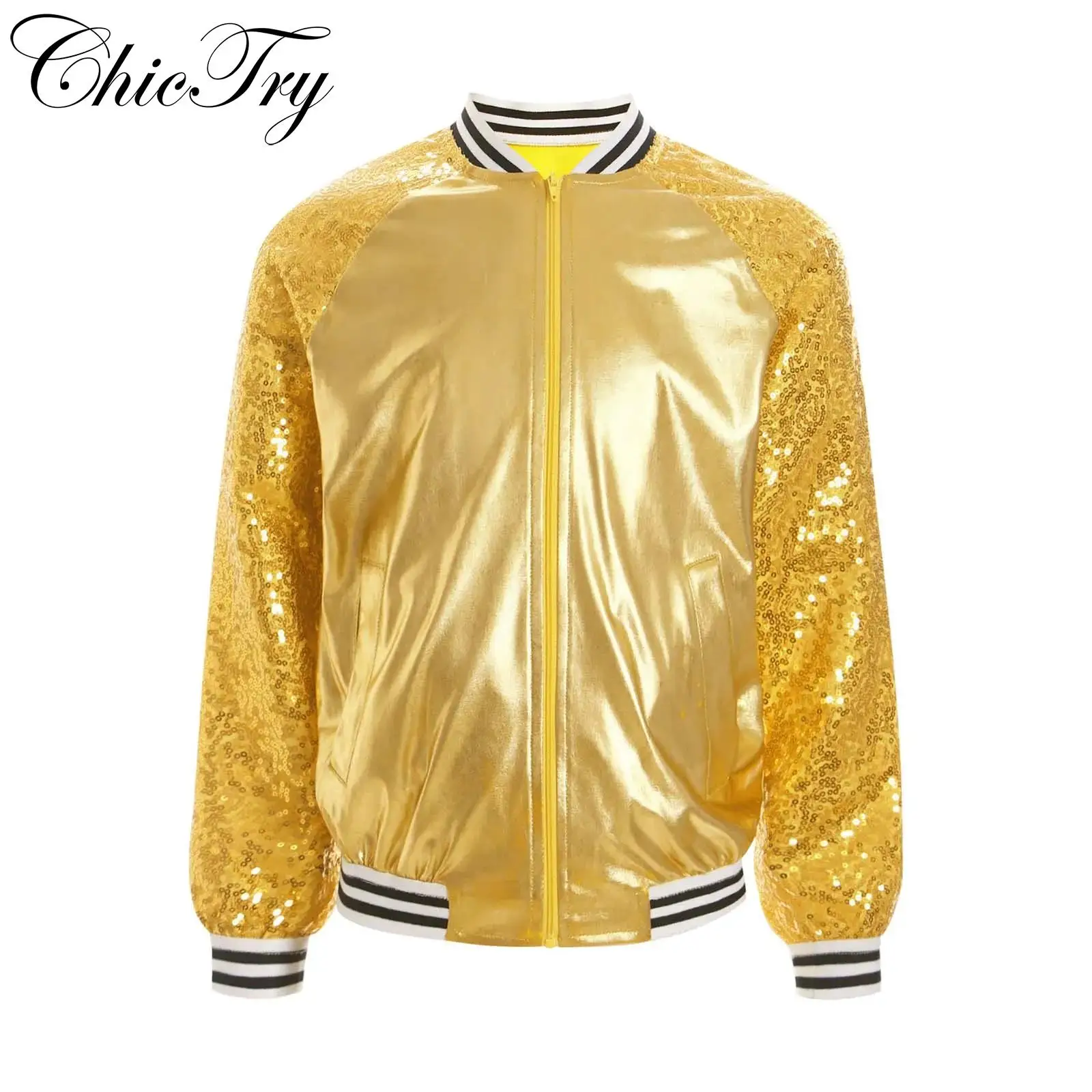 Kids Girls Sequins Jacket Long Sleeve V Stand Collar Zipper Closure Metallic Jacket Outerwear for Hip-hop Jazz Dance Performance