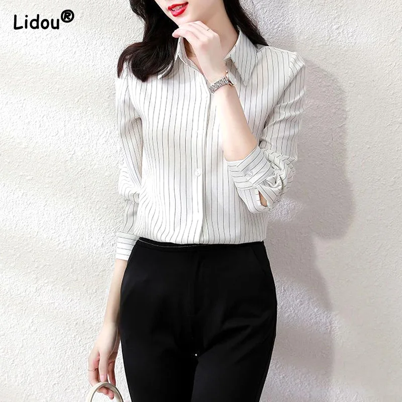 Straight Striped Blouses Formal Button Simplicity Dignified Lightly Cooked Office Lady All Season Fashion Women's Clothing 2022