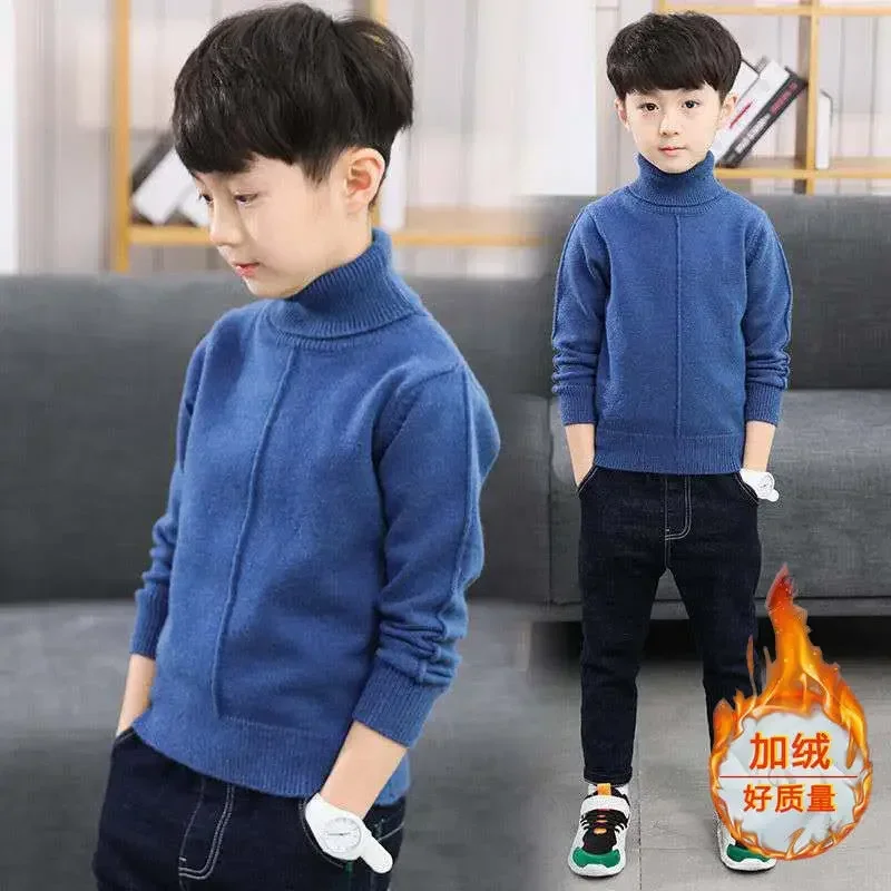 Boys Sweater Set Head Bottoming Shirt Padded and Thickened Winter 2023 New Children Korean High-neck Sweater