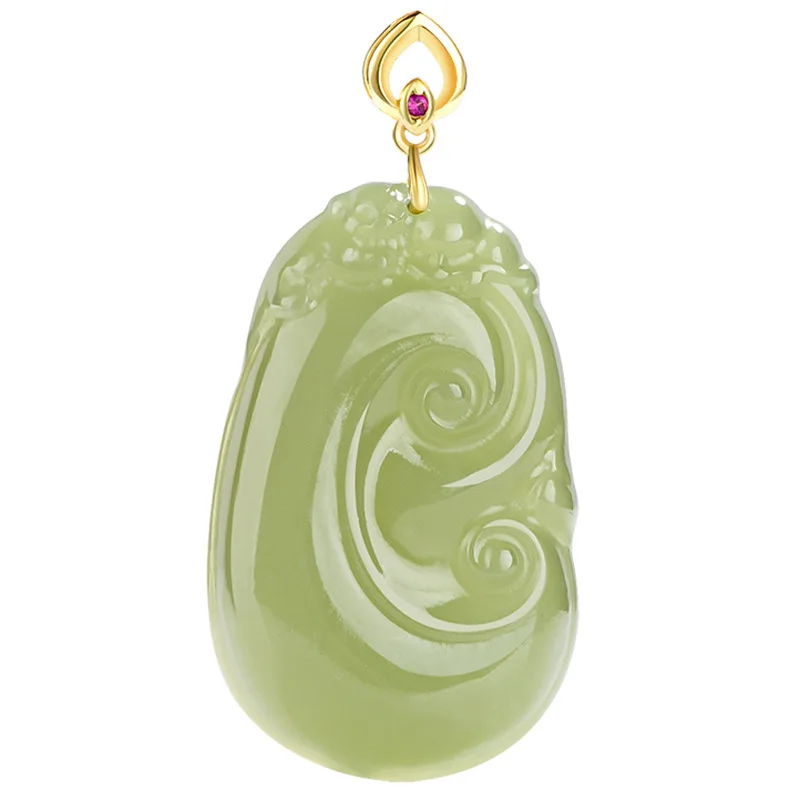 Natural Old Material Hetian Jade Cyan Ruyi Pendant Genuine S925 Silver Inlaid Jade Pendant Necklace for Men and Women Gifts