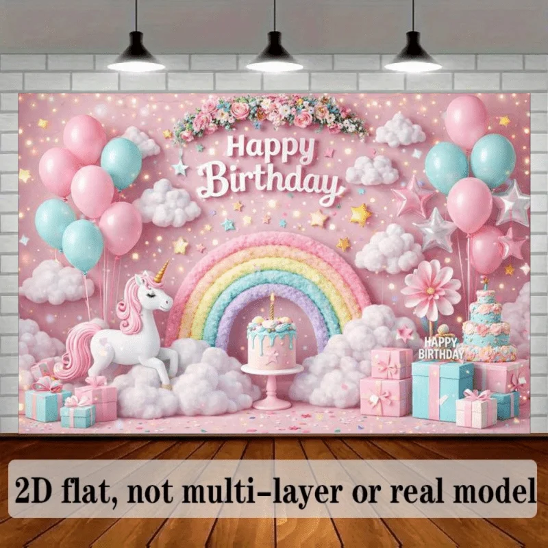 Bannière planaire 2D, fond d'anniversaire rêveur et somptueux, murs rose pâle, arche arc-en-ciel, licorne blanche