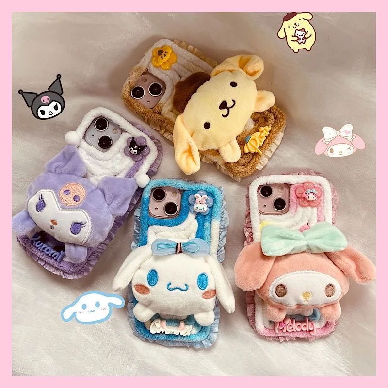 Cute Sanrio Kuromi Melody Cinnamoroll Pom Pom Purin Plush Phone Cases For iPhone 14 Pro Max 13 12 11 Anti-drop Soft Back Cover