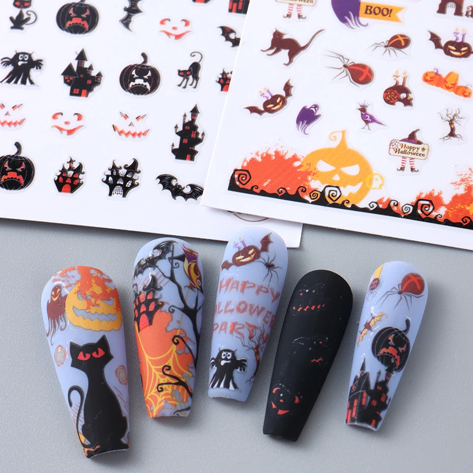 3D Halloween Nail Stickers Ghost Skull Cat Pumpkins Spider Witches Nail Art Sliders Cute Cartoon Designs Adhesive Decals Decor