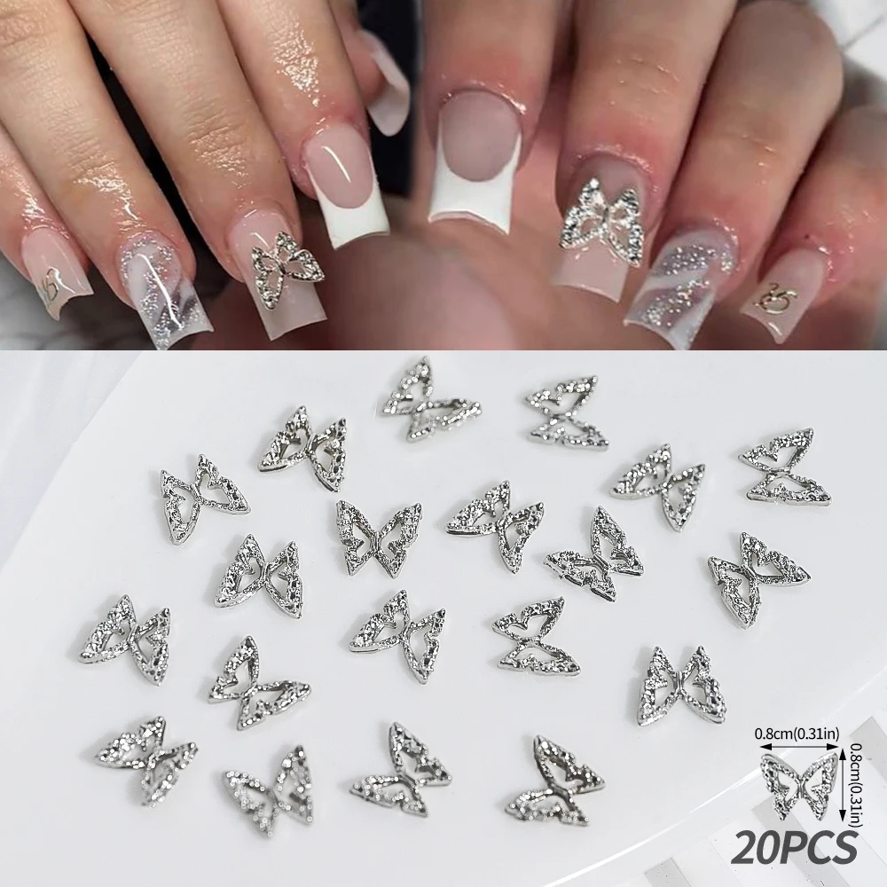 20 adet Glitter elmas kanatları Hollow kelebek tırnak Charms 3D kelebekler şekil Charms çivi için taşlar Nail Art dekorasyon malzemeleri