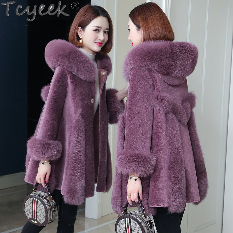 Tcyeek casacos de shearling de ovelha de comprimento médio, casaco de lã real, roupas femininas, gola de pele de raposa quente, jaqueta de pele feminina de inverno