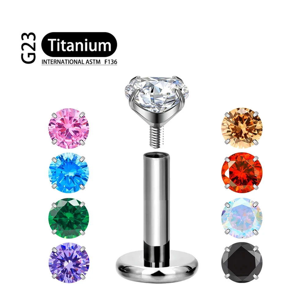 1Pcs ASTM F136 Titanium 20/18/16G Labret Tragus Stud Earrings CZ Crystal Monroe Helix Cartialge Conch Medusa Lip Body Piercing