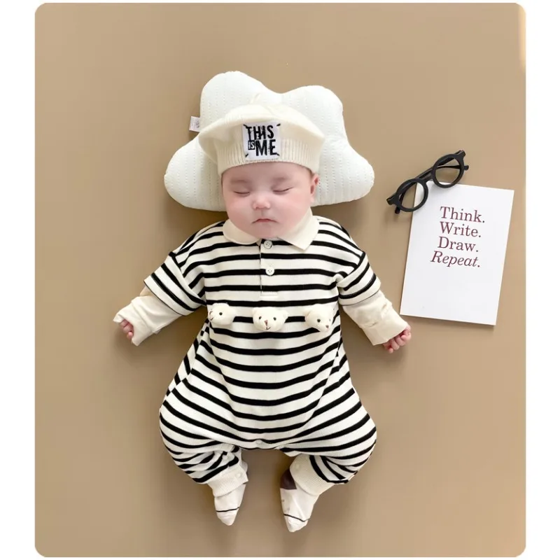 Newborn Striped Jumpsuit Comfortable Cute Bear Patterns Round Neck Spring Baby Cotton Crawling Suit 0-18Months Toddler Onesie