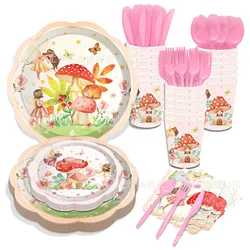 8Guests Mushroon Flower Fairy Disposable Tableware Elf Mushroom Plates Cups Napkins Kids Girls Happy Princess Birthday Party