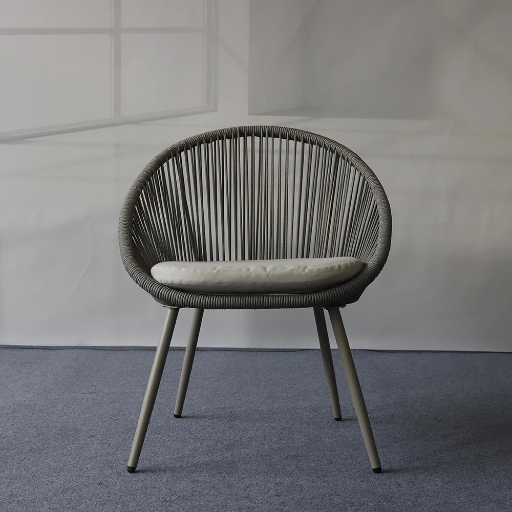 Khaki Beige Woven Rope Egg Chair Set 2 Pcs with Side Table Patio Chairs with White Cushions Smoked Glass Table for Garden
