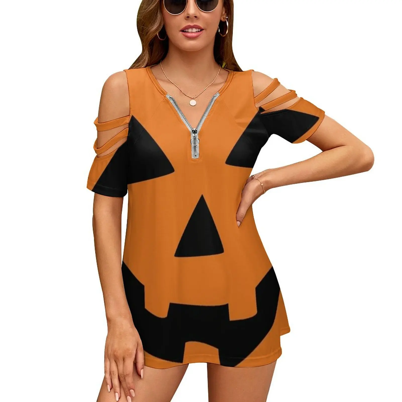 Jack-O-Lantern Women's T-Shirt New Fashion Printed Zipper V-Neck Short Sleeve T Shirts Casual Plus Size Pumpkin Jack Lantern