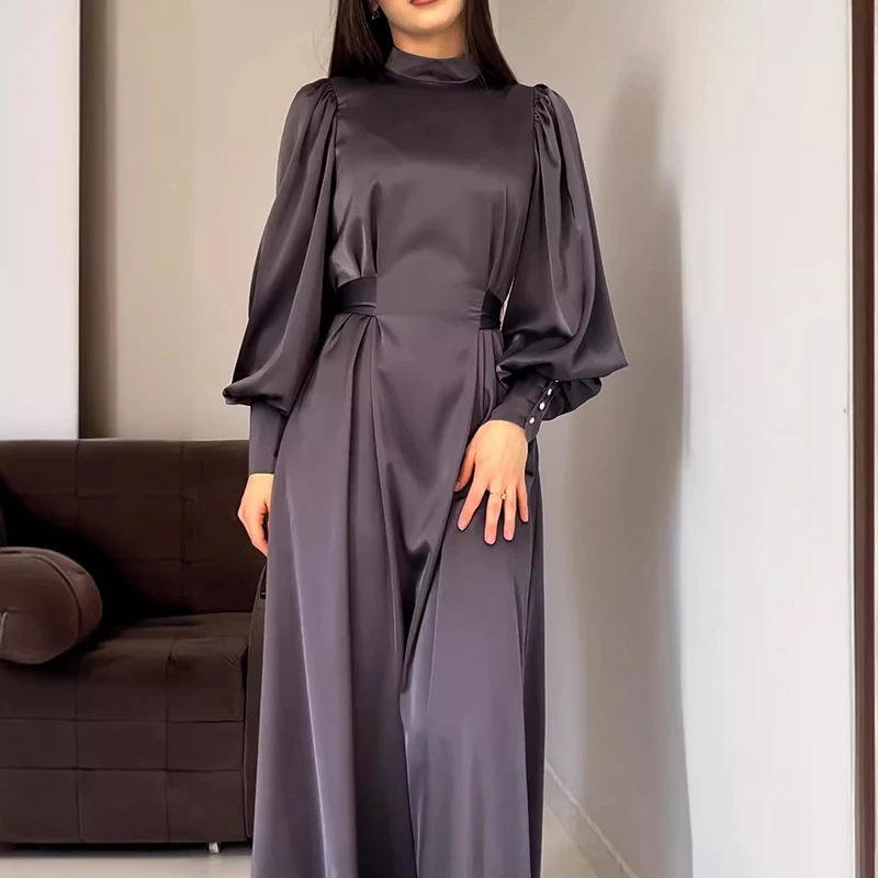 Elegant Lantern Sleeves Solid Color Commuting Dress Casual Women's O-neck Satin Robe Dress Vintage High Waisted Pleated Dresses