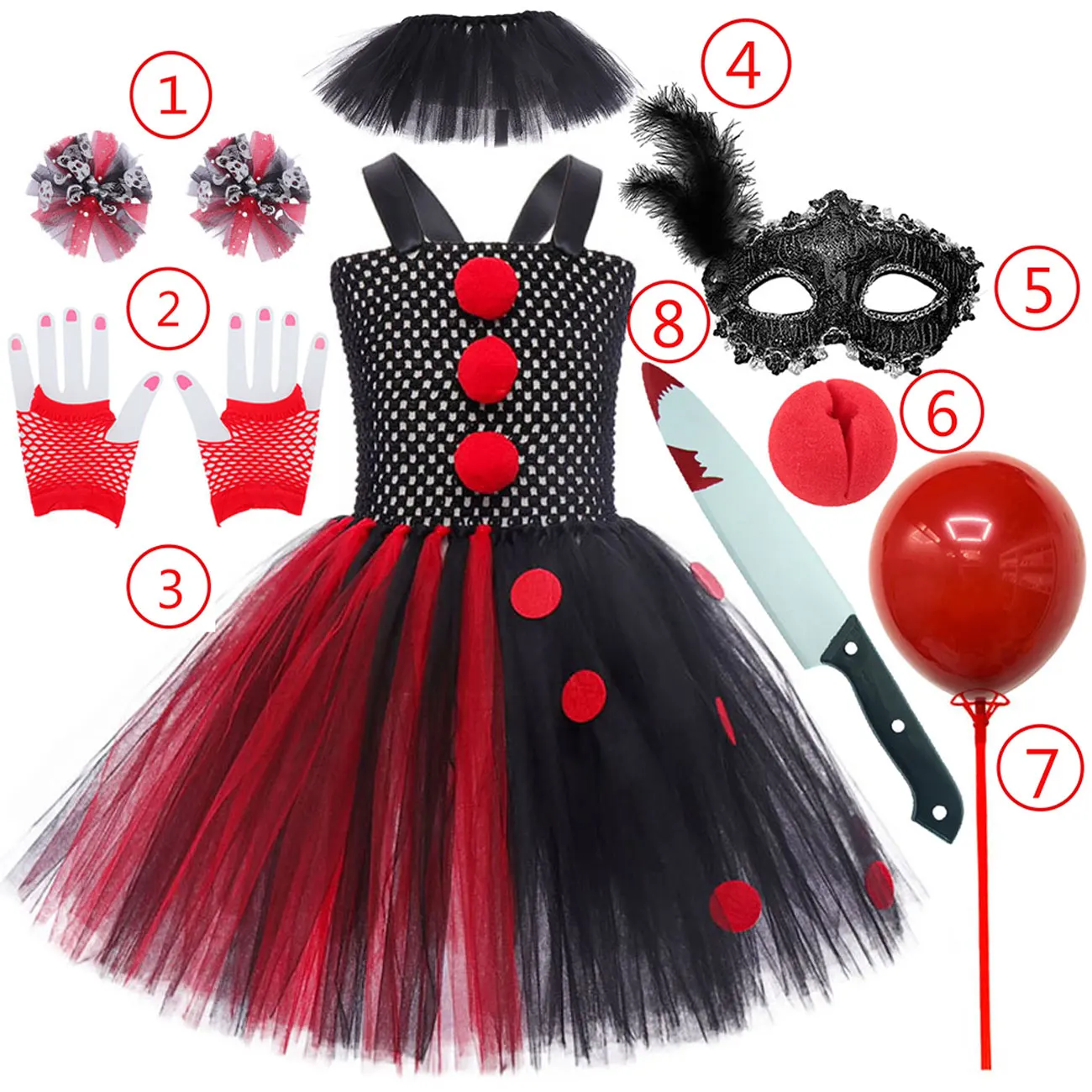 Halloween Carnival Role Play Costume For Kids Scary Circus Clown Tutu Red Black Mesh Tulle Dress with Mask Gloves Balloon Knife