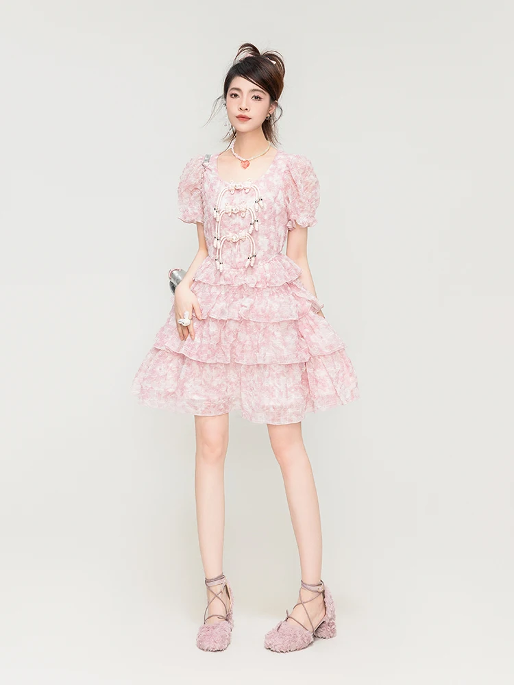 

Dress Women's Loose Cherry Blossom Print Pink Floral Chiffon Chinese Knot Ornament Mid-Length Stitching PleatedSpring and Summer