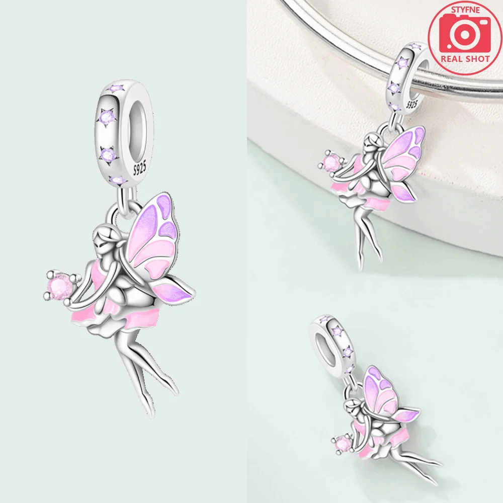 

Бусина-шарм из серебра 925 пробы с розовым цветком, бабочкой и феей, подвеска для оригинального браслета, для изготовления ювелирных изделий, подарок, аксессуар для рукоделия