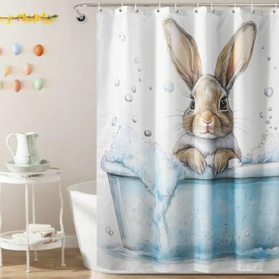 

MelonBoat Easter Shower Curtain Set: Easter Bunny Bathroom Shower Curtain with Hooks Natural Easter Rabbit in The Bathtub Fabri