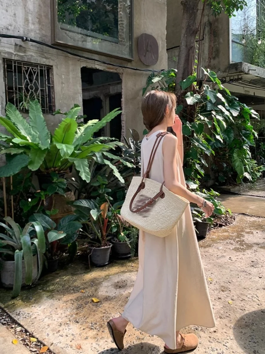 

Лето 2024, женское повседневное пляжное длинное платье трапециевидной формы с ремешком на бретельках, корейское круглое платье Ne Dr