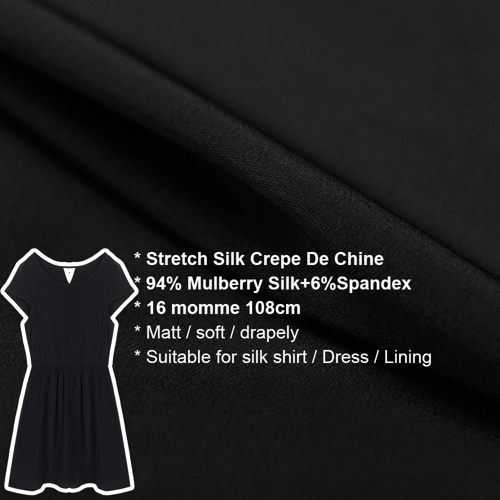 SILK STRETCH CREPE 108cm width 16momme Pure Mulberry Soft Matt Silk Fabric With Spandex Lycra Fabric Crepe De Chine Black No.03