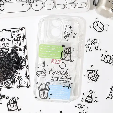 40Pcs 검은 귀여운 스티커 애완 동물 Scrapbooking 저널 장식 스티커 미적 전화 케이스 앨범 플래너 Kawaii 선물