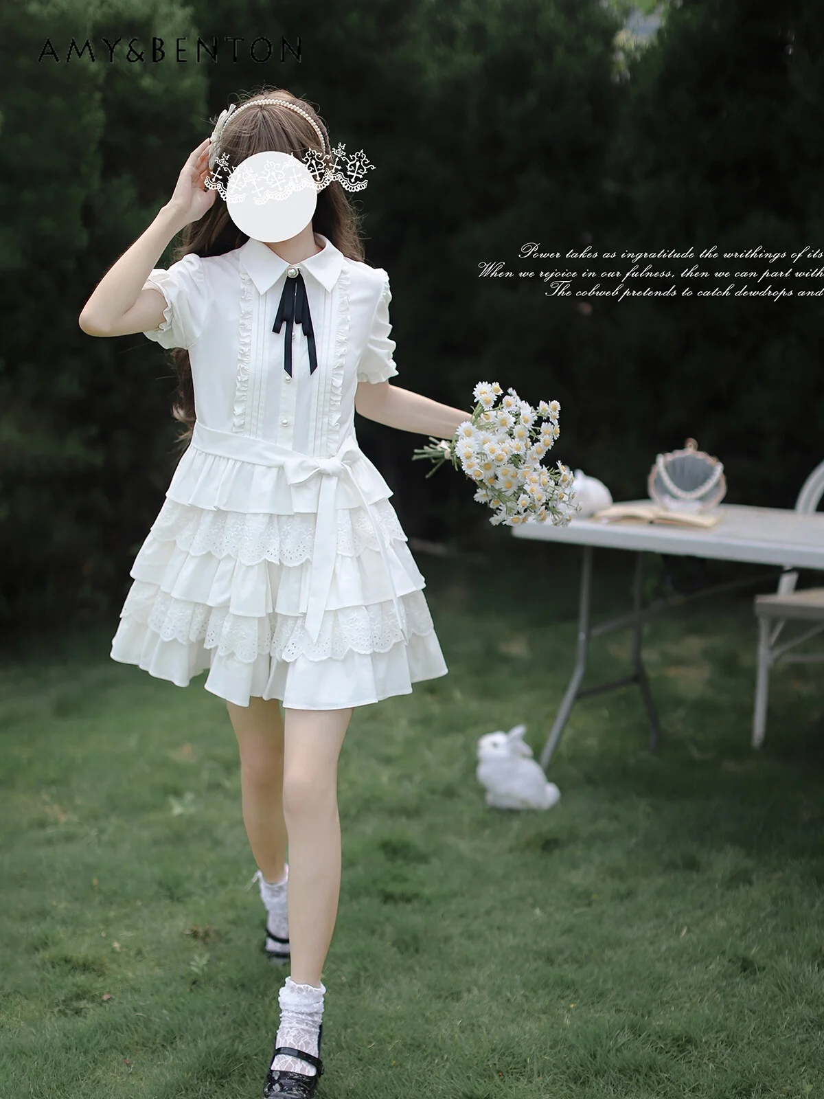 Preppy Style Sweet Cute Doll Collar Puff Sleeve Bow Slim Mini Dress Women Summer New French Temperament Princess White Dress