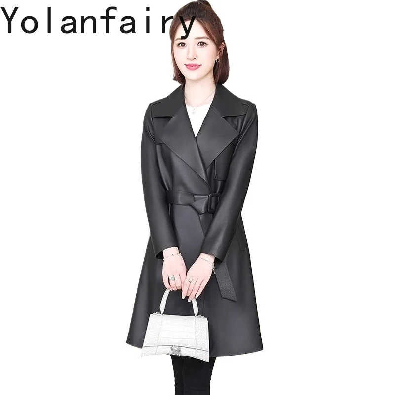 YOLANFAIRY جديد الخريف سترة جلدية حقيقية المرأة سليم صالح جلد الغنم الحقيقي خندق معطف الكورية موضة سترات من الجلد
