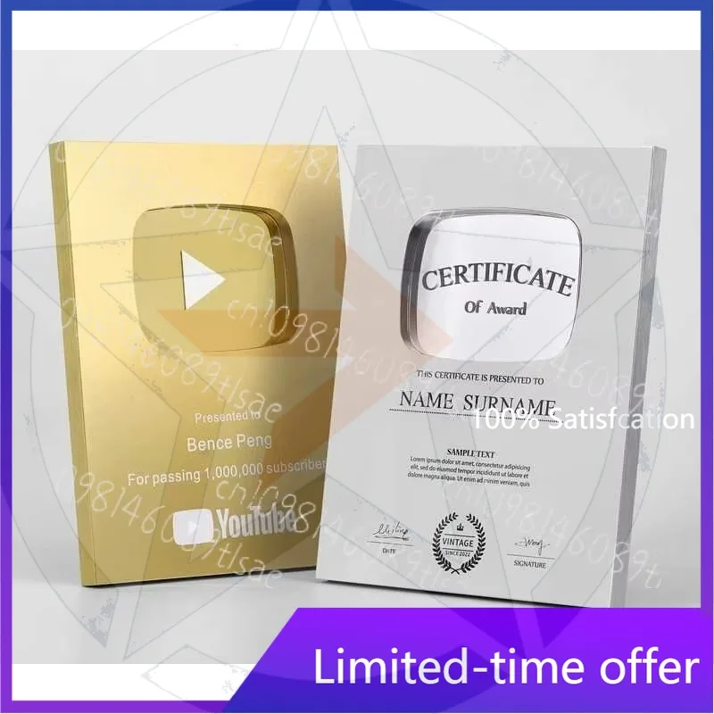 

Personalized Gold YouTube Play Button Replica Trophy – Custom Name Award Plaque for Content Creator Wall Display
