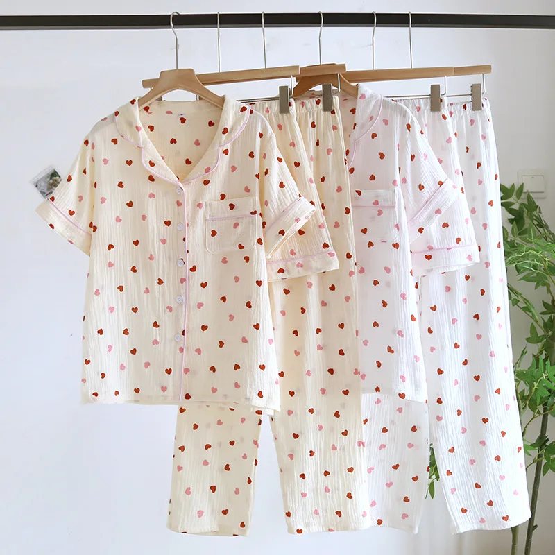 

2025 New Summer Pajama Set 100% Cotton Crepe Love Short Sleeves+Shorts+Pants Three Piece Buckle Cute Home Fury Ladies Sleepwear