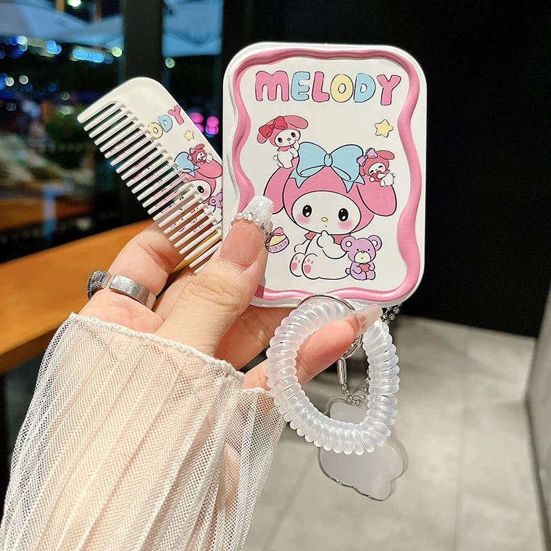 Sanrio Hello Kitty Melody  Mini Folding Makeup Mirror With Comb Ins Portable Cute For Women Girls Handheld Makeup Tool