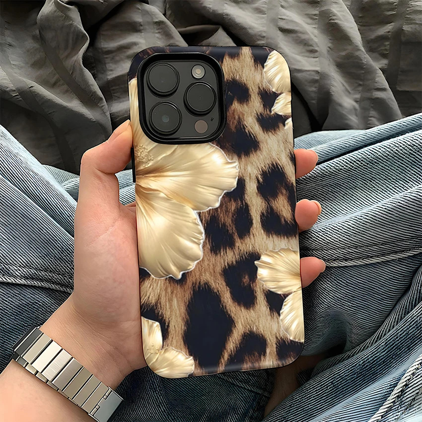 Coque de téléphone Double pour Iphone 17 16 15 14 13 Pro 12 11 Max Plus 17Pro, étui de téléphone imprimé léopard à fleurs peintes, housse de doublure en Tpu