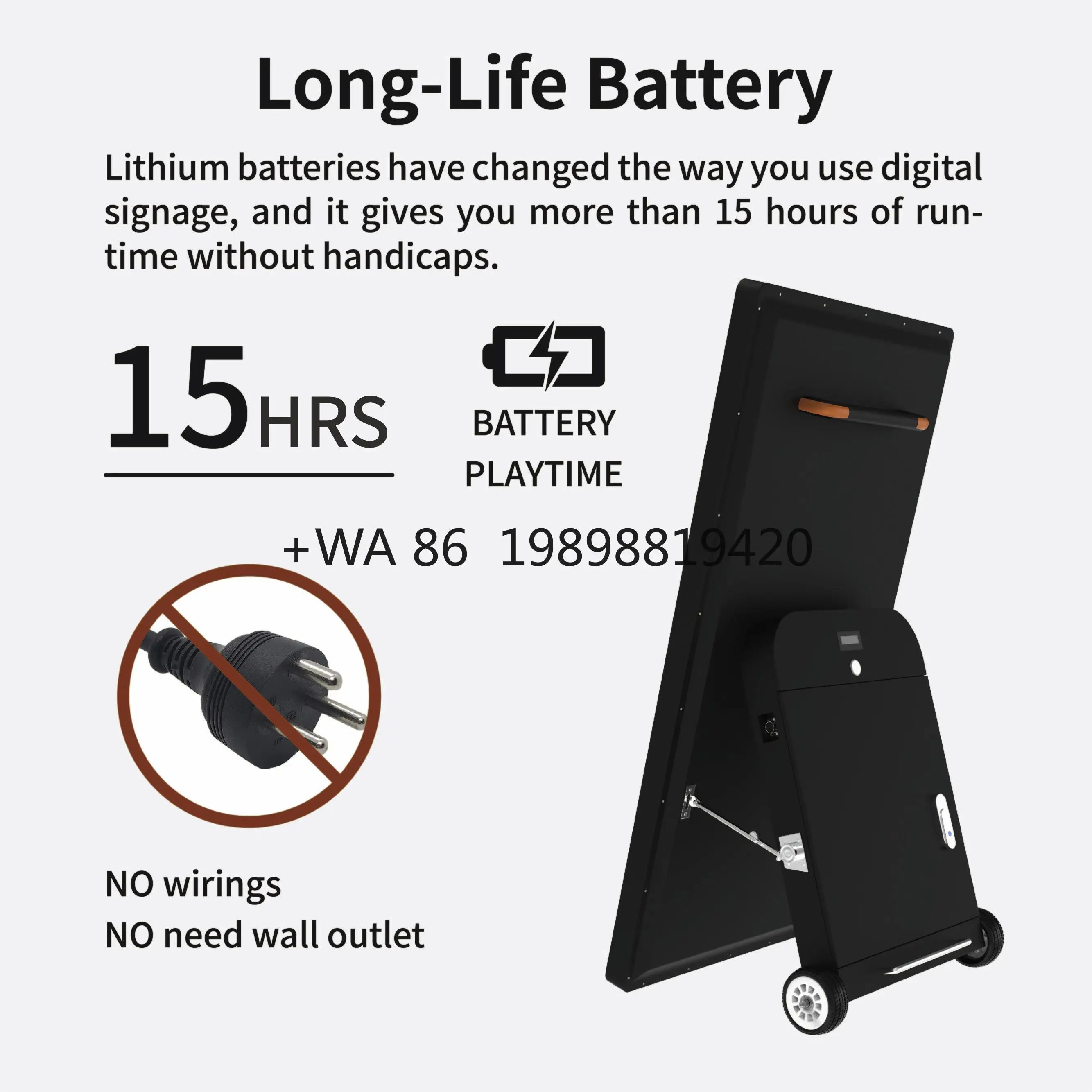 

Уличный портативный цифровой рекламный киоск с ЖК-дисплеем на аккумуляторах, IP65, 32/43/55 дюймов, напольный, разрешение 1080p, 2500 кд/м²